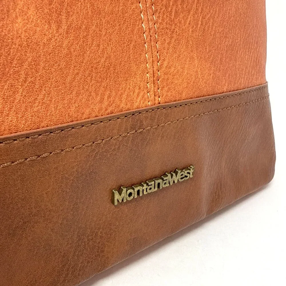 Montana West Hobo Tote Shoulder Bag Orange Brown Faux Leather Equestrian Lined